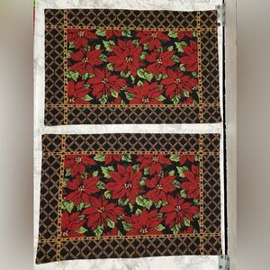 Vtg Christmas Tapestry Placemats Poinsettias Set of 2 Red Black Holiday
